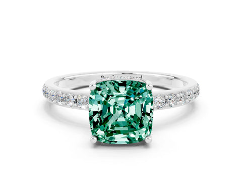 White gold Cushion Cut Green Sapphire Solitaire Ring with Pavé Band and Hidden Halo_24