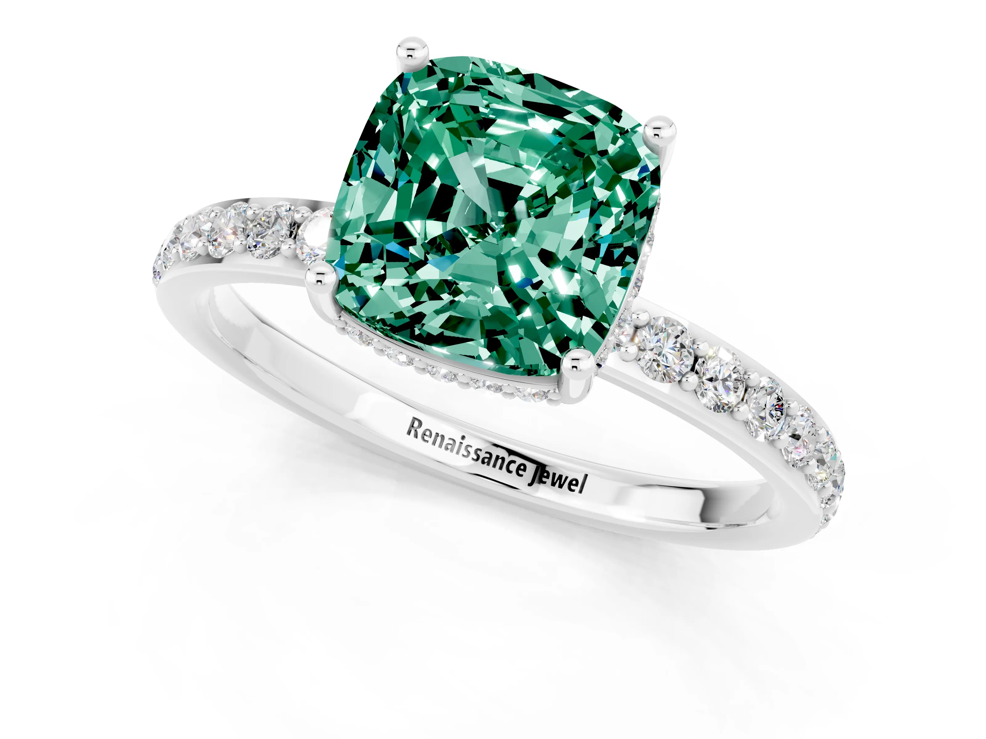 White gold Cushion Cut Green Sapphire Solitaire Ring with Pavé Band and Hidden Halo_25