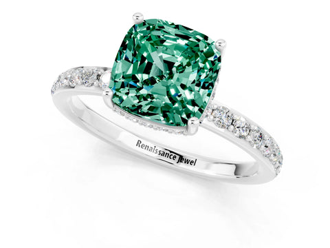 White gold Cushion Cut Green Sapphire Solitaire Ring with Pavé Band and Hidden Halo_25