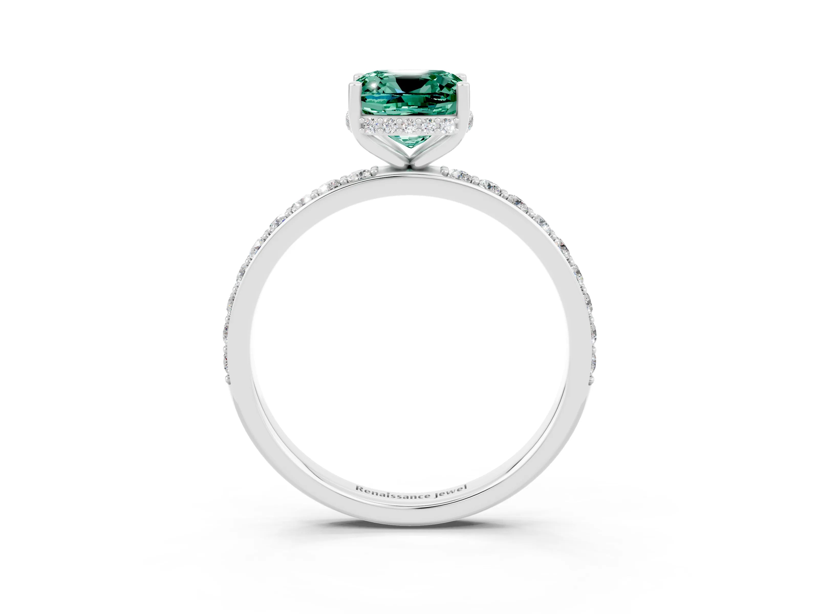 White gold Cushion Cut Green Sapphire Solitaire Ring with Pavé Band and Hidden Halo_27