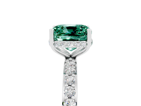 White gold Cushion Cut Green Sapphire Solitaire Ring with Pavé Band and Hidden Halo_29