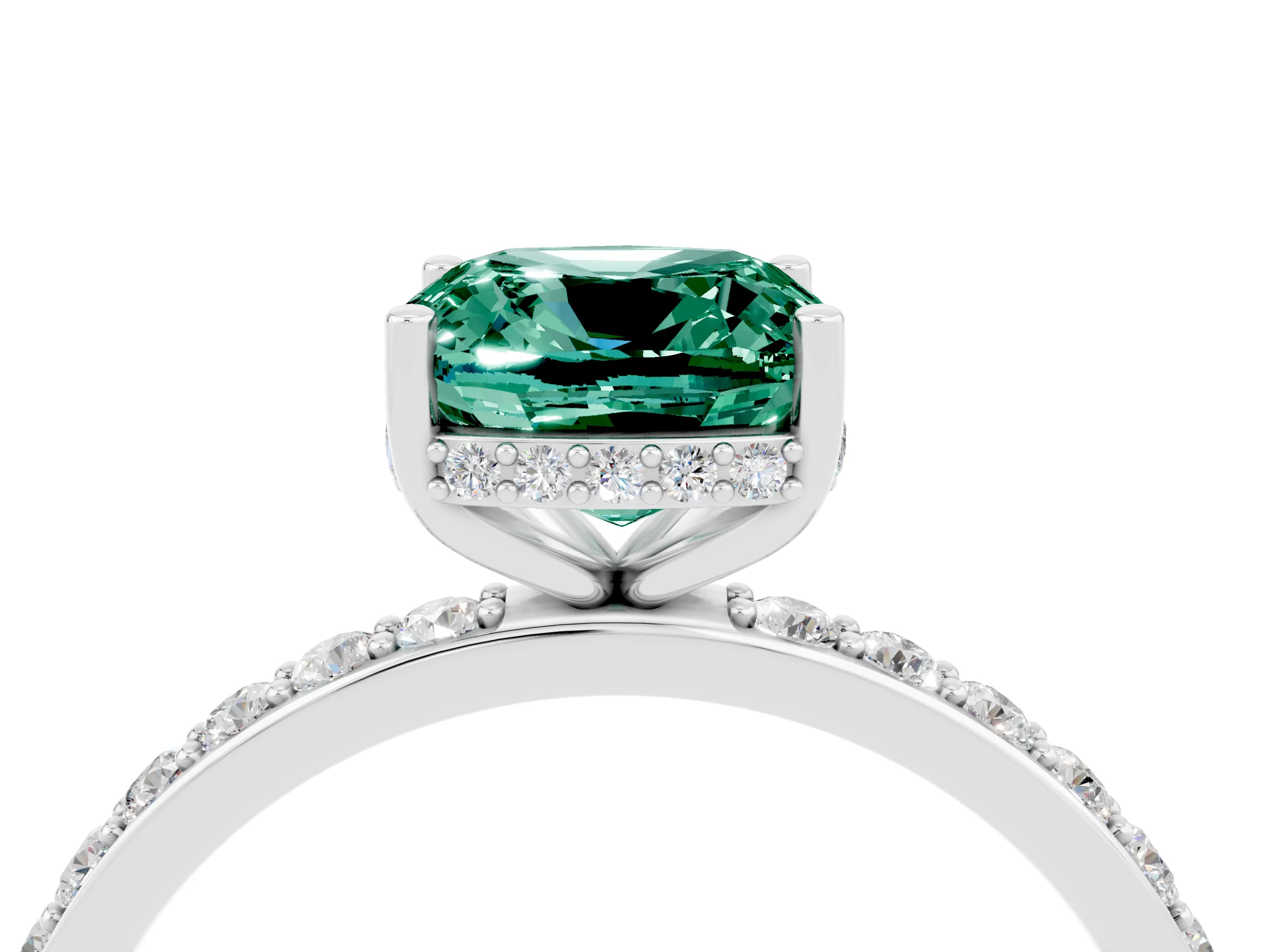 White gold Cushion Cut Green Sapphire Solitaire Ring with Pavé Band and Hidden Halo_4