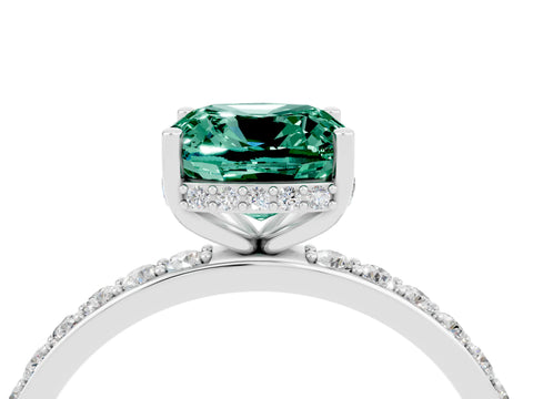 White gold Cushion Cut Green Sapphire Solitaire Ring with Pavé Band and Hidden Halo_4