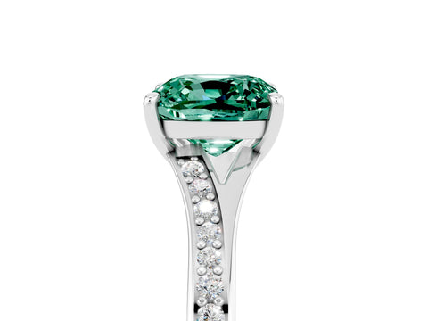 White gold Cushion Cut Green Sapphire Solitaire Ring with Pavé Band and Prong Setting_17