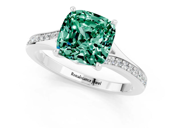 White gold Cushion Cut Green Sapphire Solitaire Ring with Pavé Band and Prong Setting