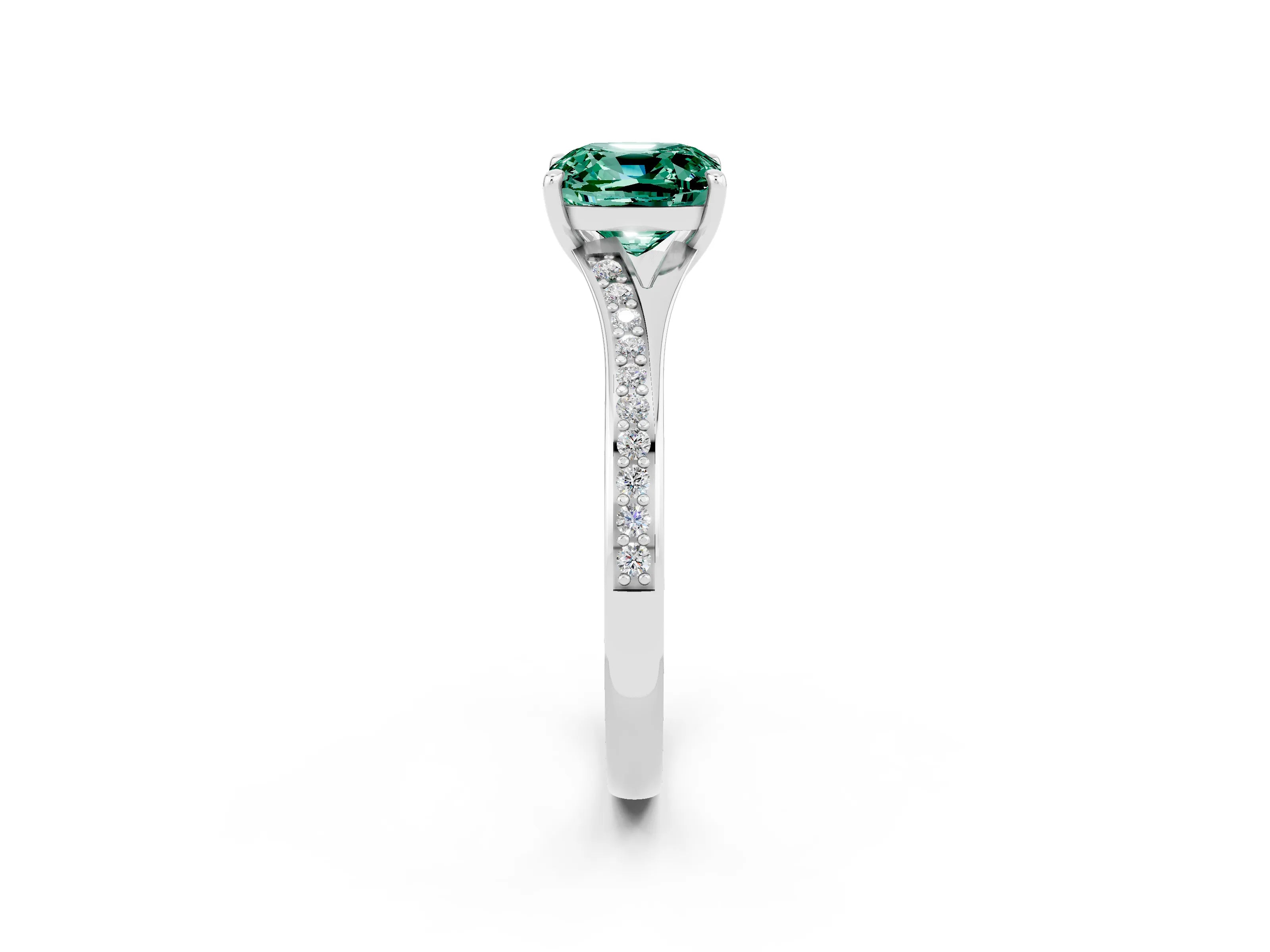 White gold Cushion Cut Green Sapphire Solitaire Ring with Pavé Band and Prong Setting_2
