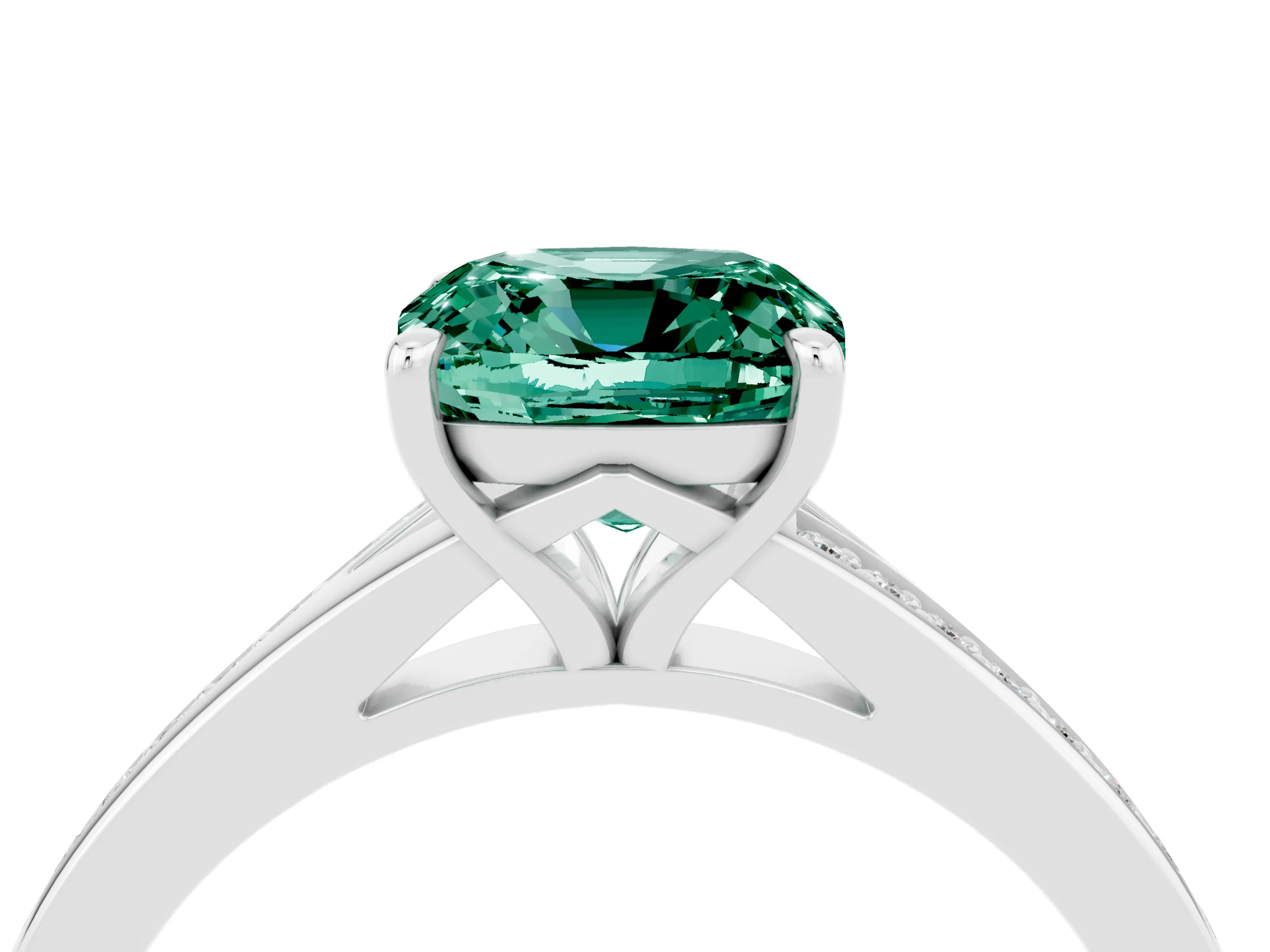 White gold Cushion Cut Green Sapphire Solitaire Ring with Pavé Band and Prong Setting_4