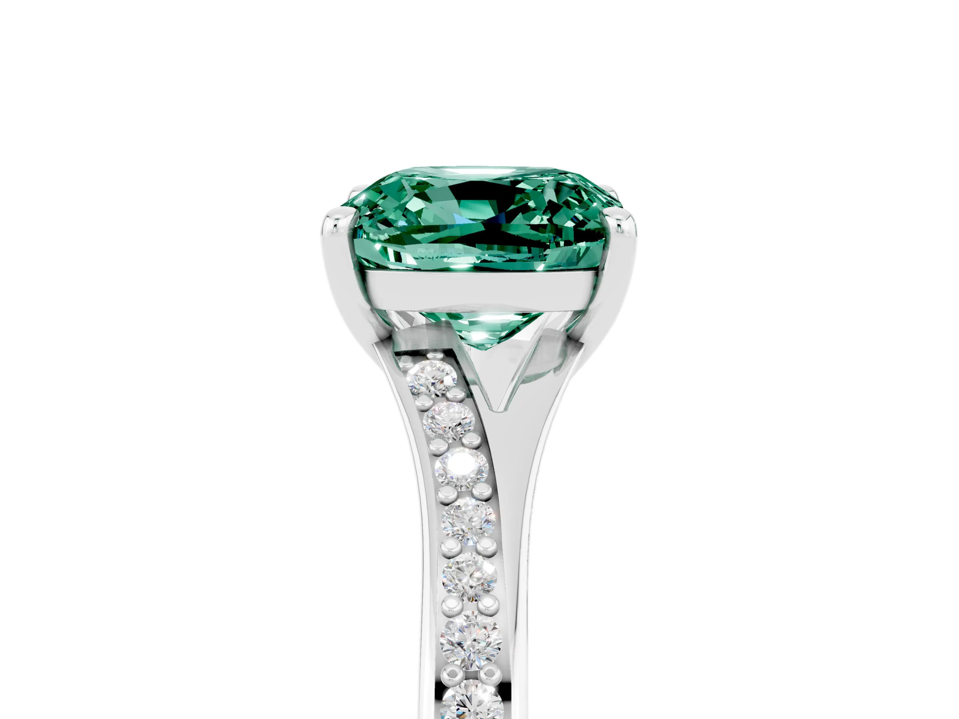 White gold Cushion Cut Green Sapphire Solitaire Ring with Pavé Band and Prong Setting_5