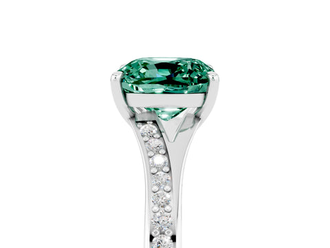 White gold Cushion Cut Green Sapphire Solitaire Ring with Pavé Band and Prong Setting_5