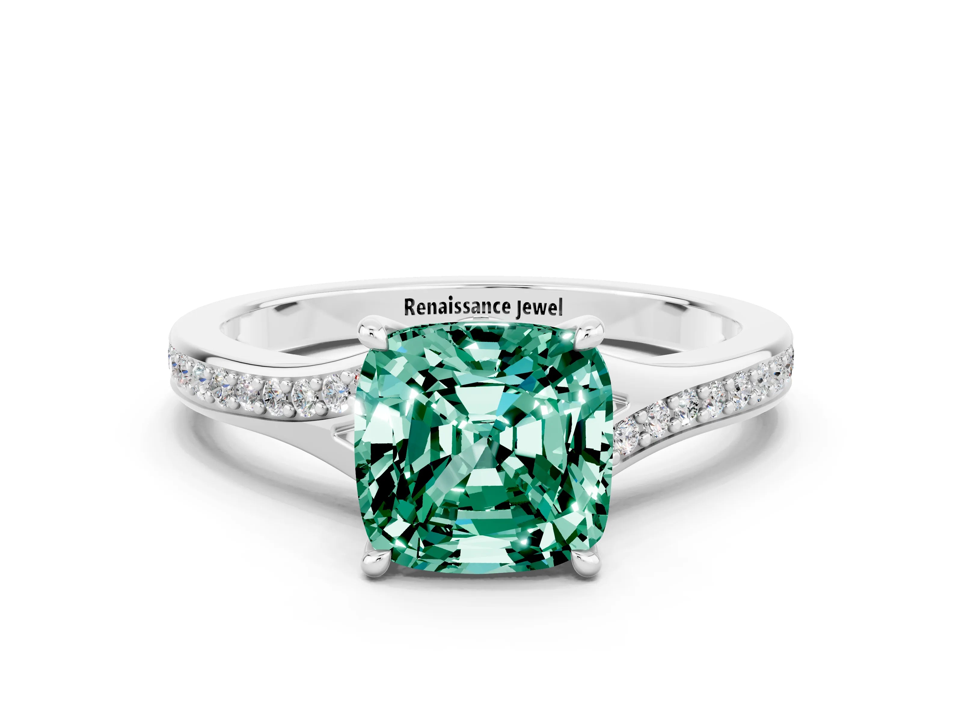 White gold Cushion Cut Green Sapphire Solitaire Ring with Pavé Band and Prong Setting