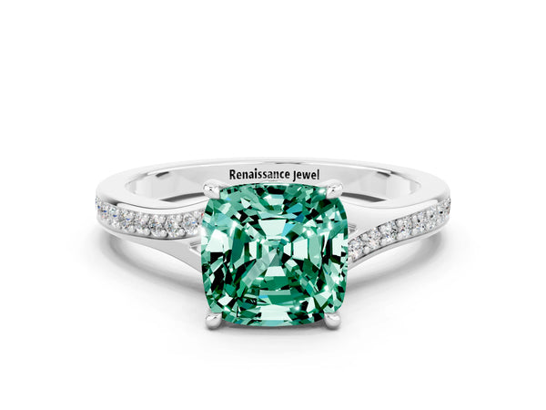 Silver Cushion Cut Green Sapphire Solitaire Ring with Pavé Band and Prong Setting