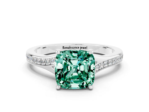 White gold Cushion Cut Green Sapphire Solitaire Ring with Pavé Band and Prong Setting