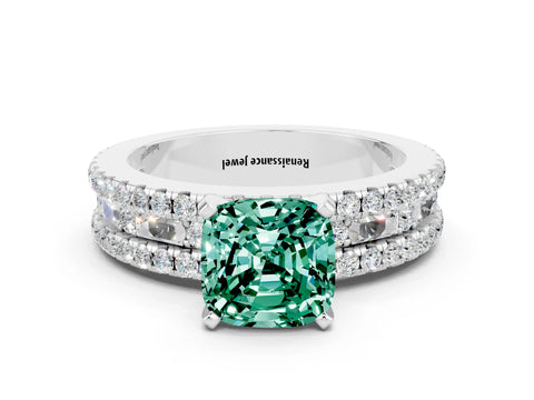 White gold Cushion Cut Green Sapphire Solitaire Ring with Pavé and Channel Set Band_24