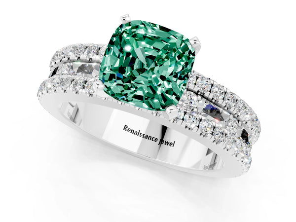 Silver Cushion Cut Green Sapphire Solitaire Ring with Pavé and Channel Set Band