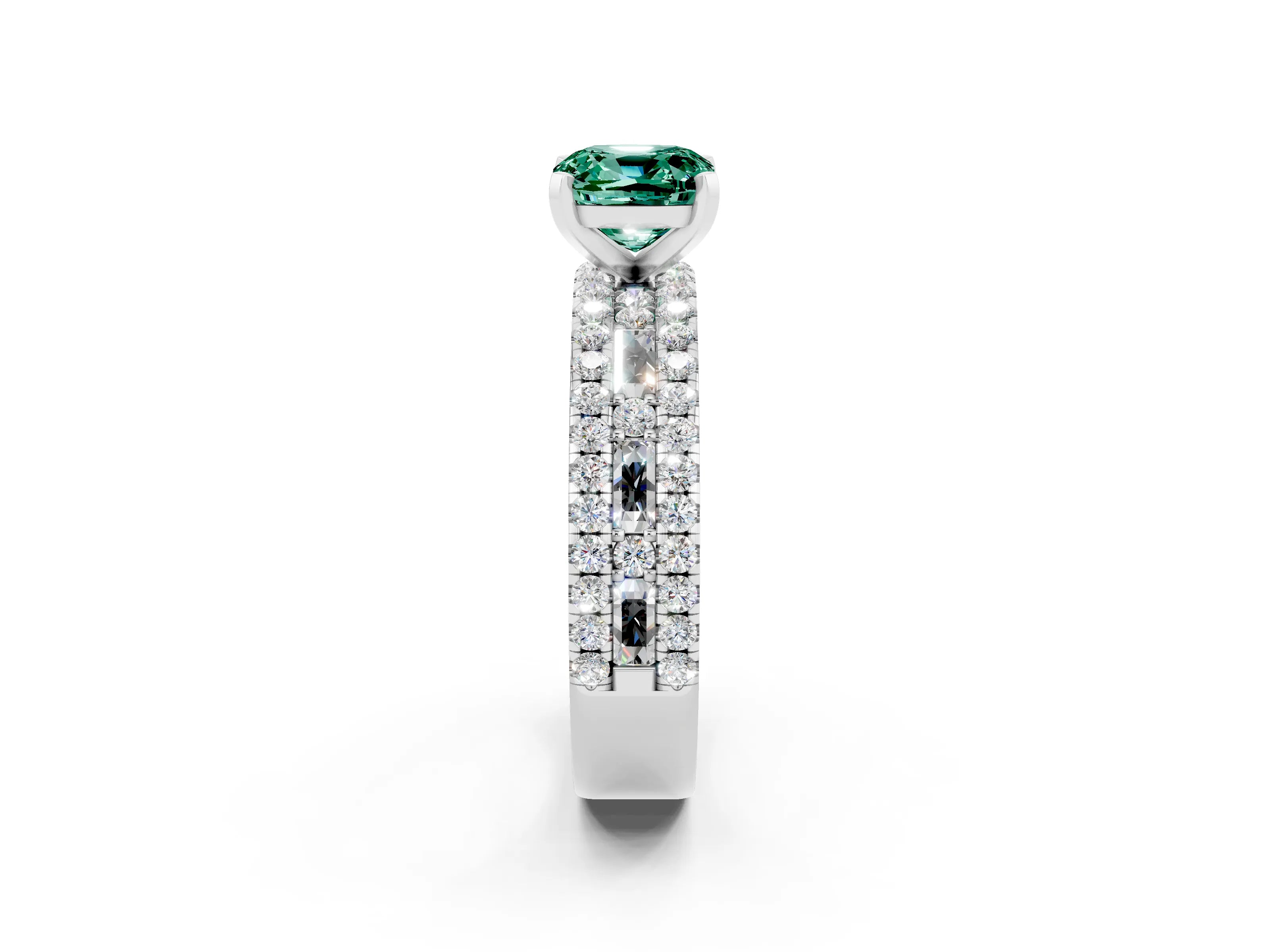 White gold Cushion Cut Green Sapphire Solitaire Ring with Pavé and Channel Set Band_26