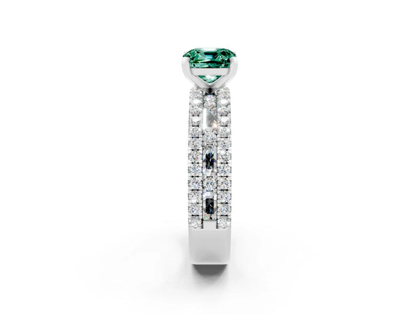 Silver Cushion Cut Green Sapphire Solitaire Ring with Pavé and Channel Set Band