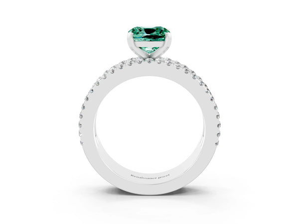 Silver Cushion Cut Green Sapphire Solitaire Ring with Pavé and Channel Set Band