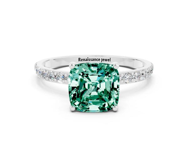 White gold Cushion Cut Green Sapphire Solitaire Ring with Round  Pavé Band and Prong Setting