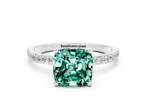 White gold Cushion Cut Green Sapphire Solitaire Ring with Pave Band and Four Prong Setting_24