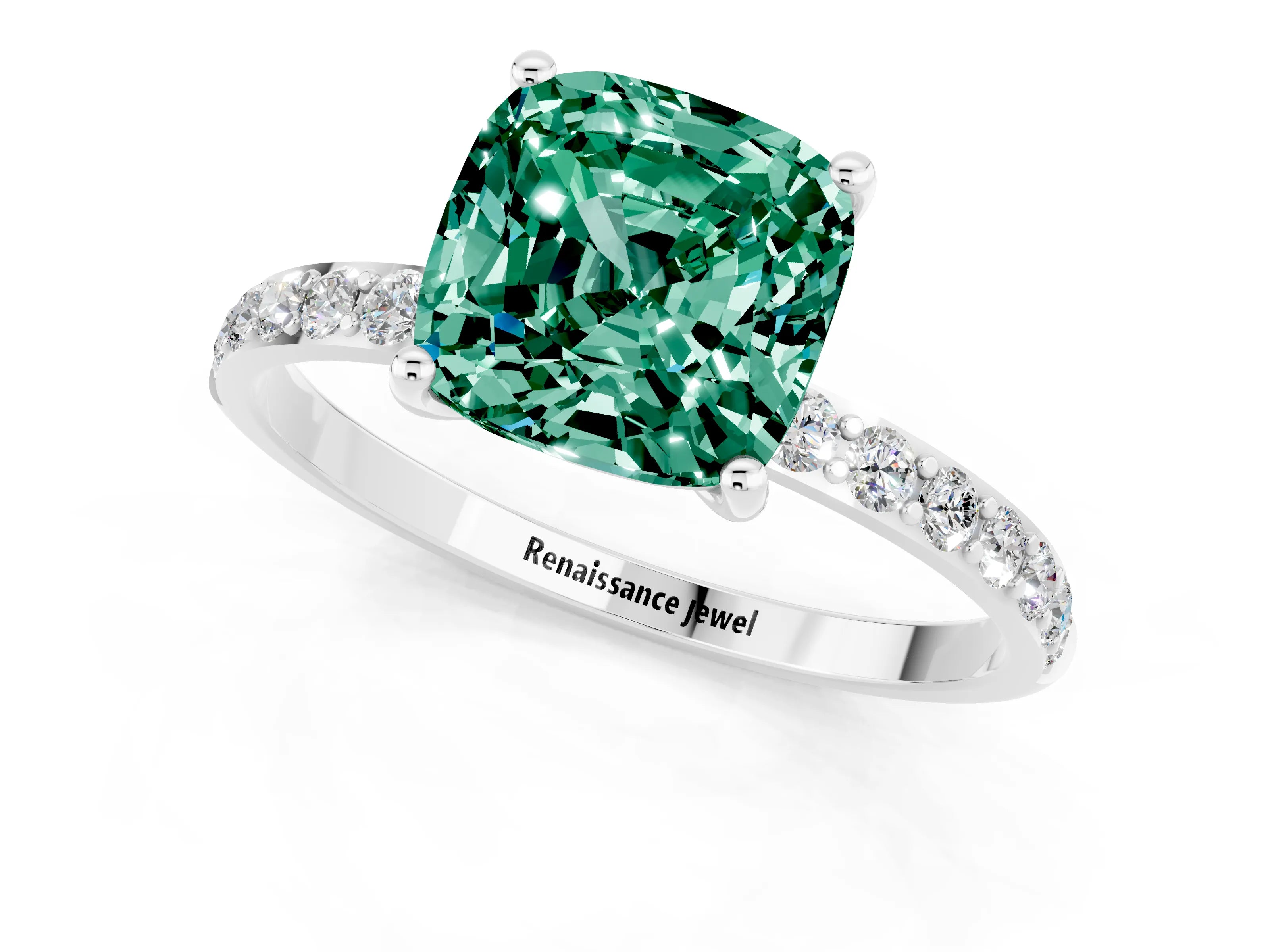 White gold Cushion Cut Green Sapphire Solitaire Ring with Pave Band and Four Prong Setting_25