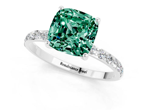 White gold Cushion Cut Green Sapphire Solitaire Ring with Pave Band and Four Prong Setting_25