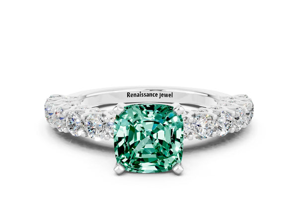 Platinum Cushion Cut Green Sapphire Solitaire Ring with Shared Prong Pavé Band and Four-Prong Setting