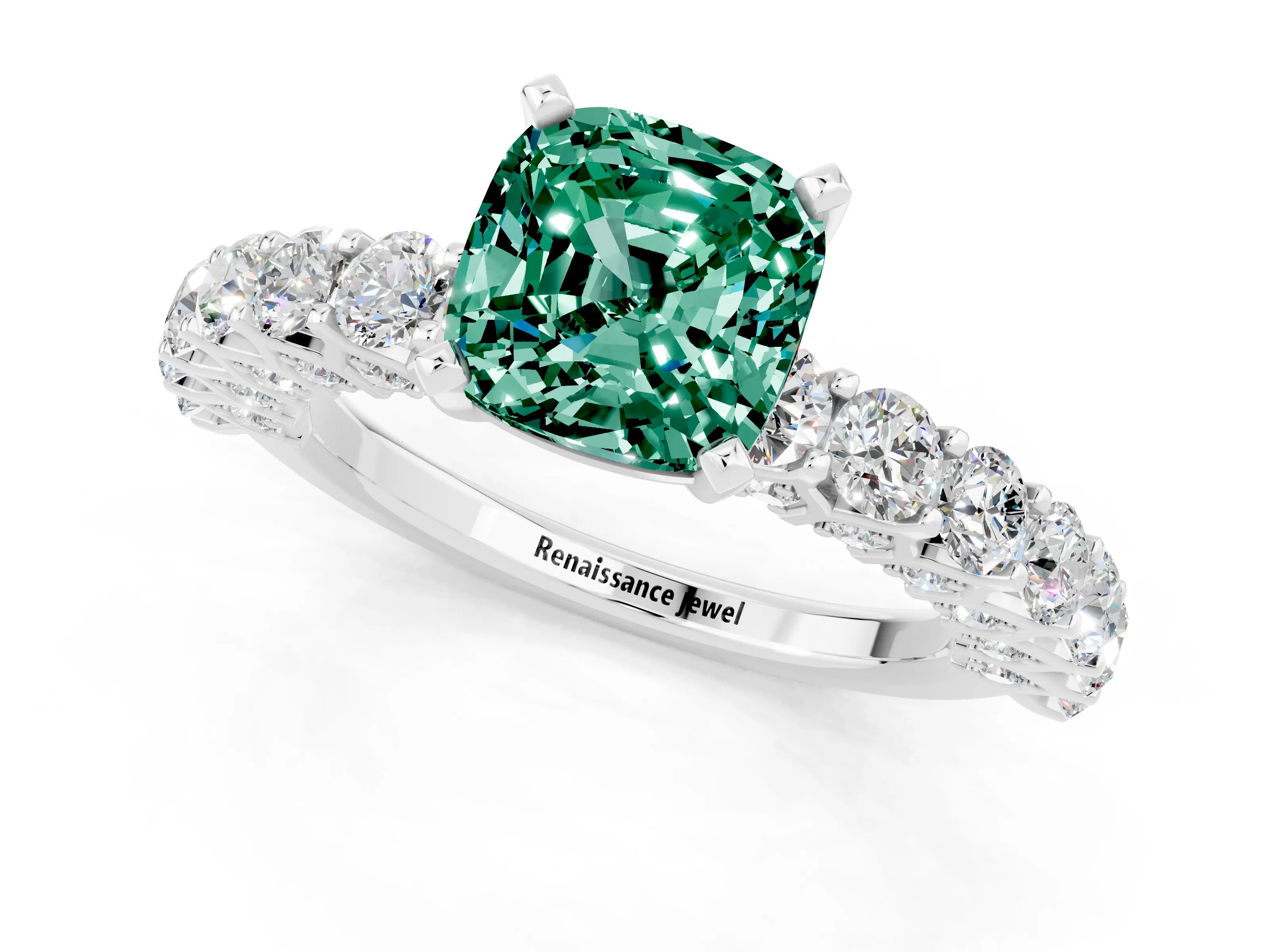 White gold Cushion Cut Green Sapphire Solitaire Ring with Shared Prong Pavé Band and Four-Prong Setting_1