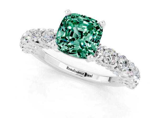 White gold Cushion Cut Green Sapphire Solitaire Ring with Shared Prong Pavé Band and Four-Prong Setting