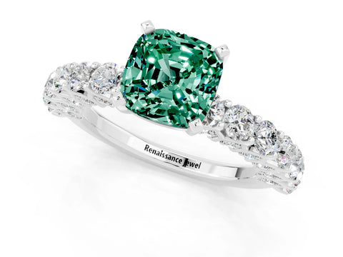 White gold Cushion Cut Green Sapphire Solitaire Ring with Shared Prong Pavé Band and Four-Prong Setting_1
