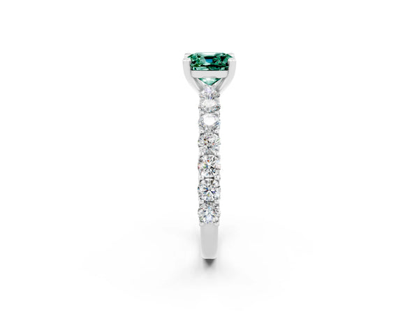 Silver Cushion Cut Green Sapphire Solitaire Ring with Shared Prong Pavé Band and Four-Prong Setting