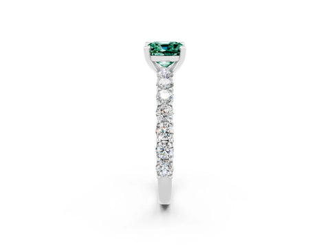 White gold Cushion Cut Green Sapphire Solitaire Ring with Shared Prong Pavé Band and Four-Prong Setting_2