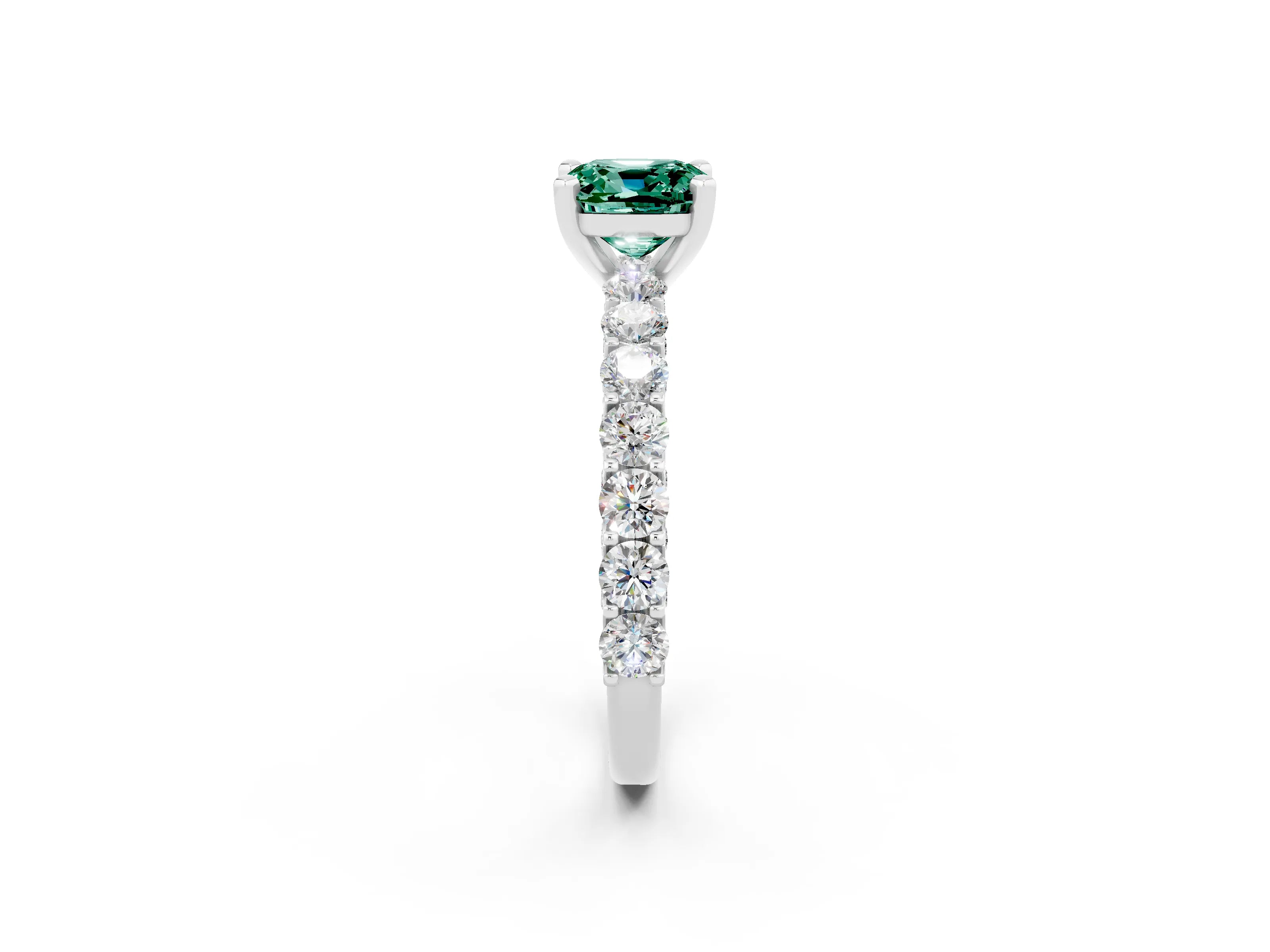 White gold Cushion Cut Green Sapphire Solitaire Ring with Shared Prong Pavé Band and Four-Prong Setting_2