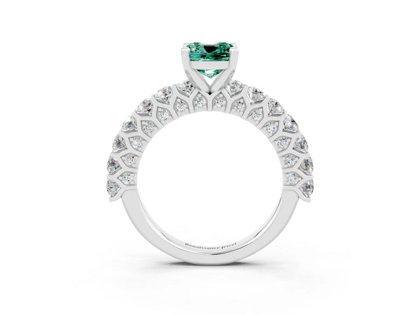 Platinum Cushion Cut Green Sapphire Solitaire Ring with Shared Prong Pavé Band and Four-Prong Setting