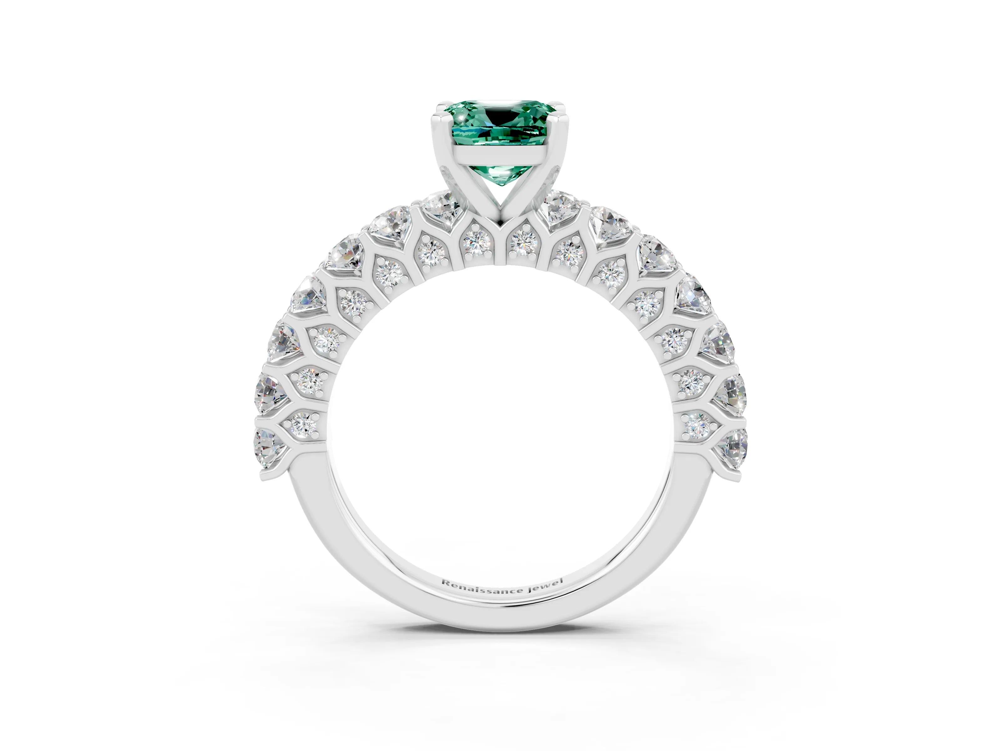 White gold Cushion Cut Green Sapphire Solitaire Ring with Shared Prong Pavé Band and Four-Prong Setting_3