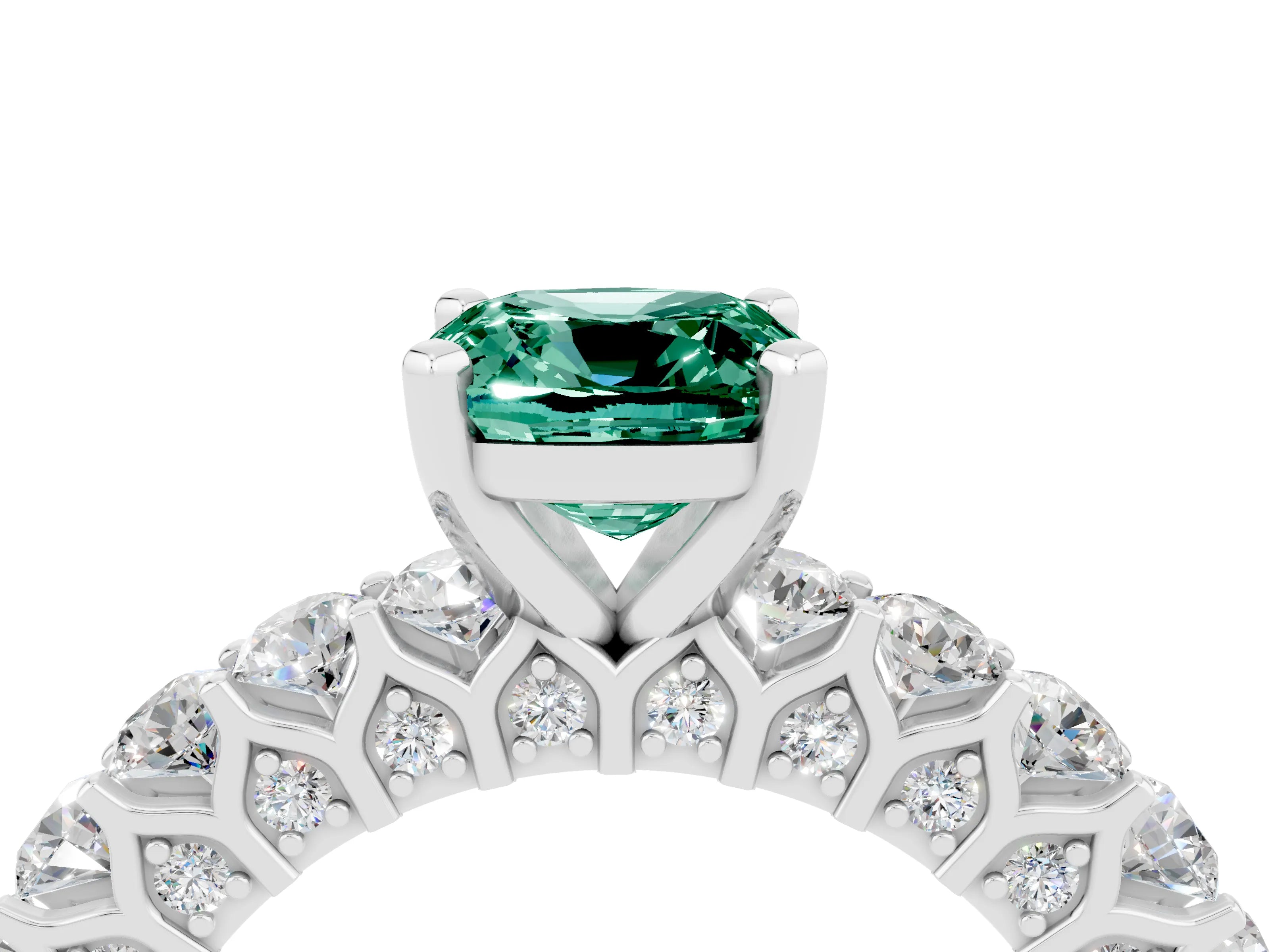White gold Cushion Cut Green Sapphire Solitaire Ring with Shared Prong Pavé Band and Four-Prong Setting_4