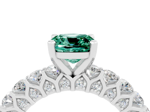 White gold Cushion Cut Green Sapphire Solitaire Ring with Shared Prong Pavé Band and Four-Prong Setting_4
