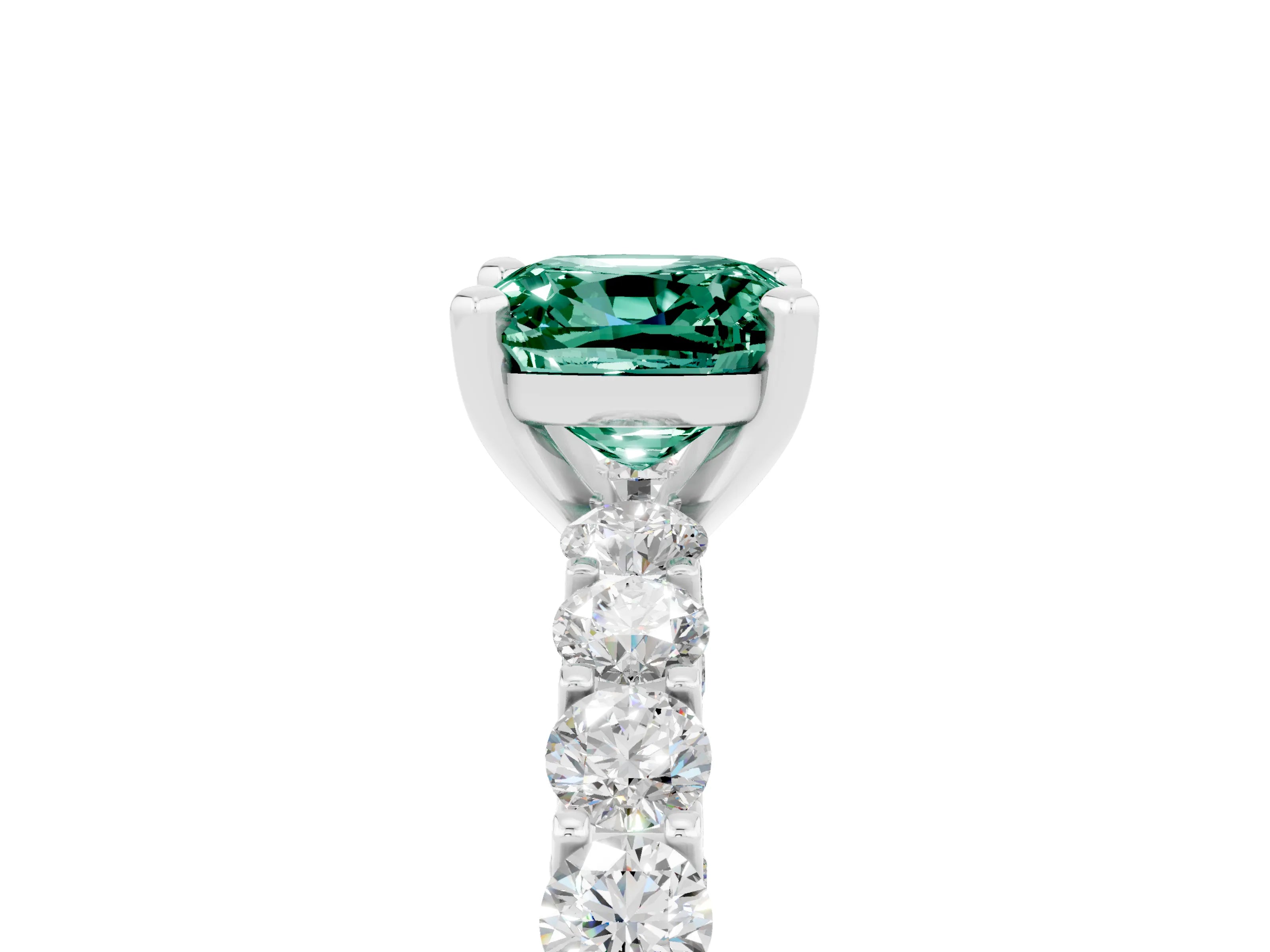 White gold Cushion Cut Green Sapphire Solitaire Ring with Shared Prong Pavé Band and Four-Prong Setting_5