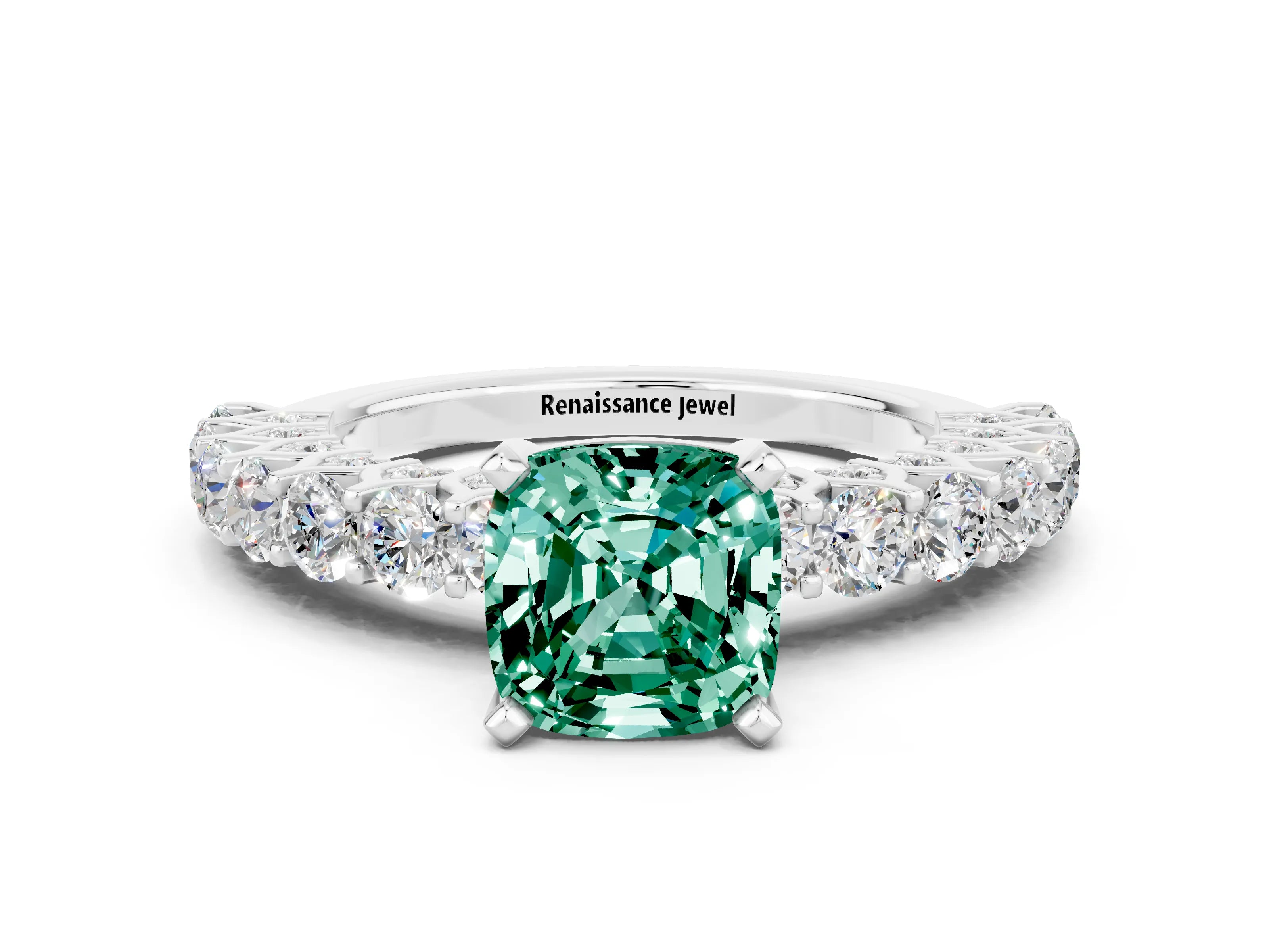 White gold Cushion Cut Green Sapphire Solitaire Ring with Shared Prong Pavé Band and Four-Prong Setting