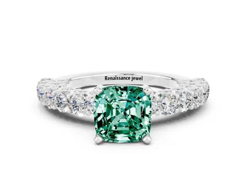 White gold Cushion Cut Green Sapphire Solitaire Ring with Shared Prong Pavé Band and Four-Prong Setting