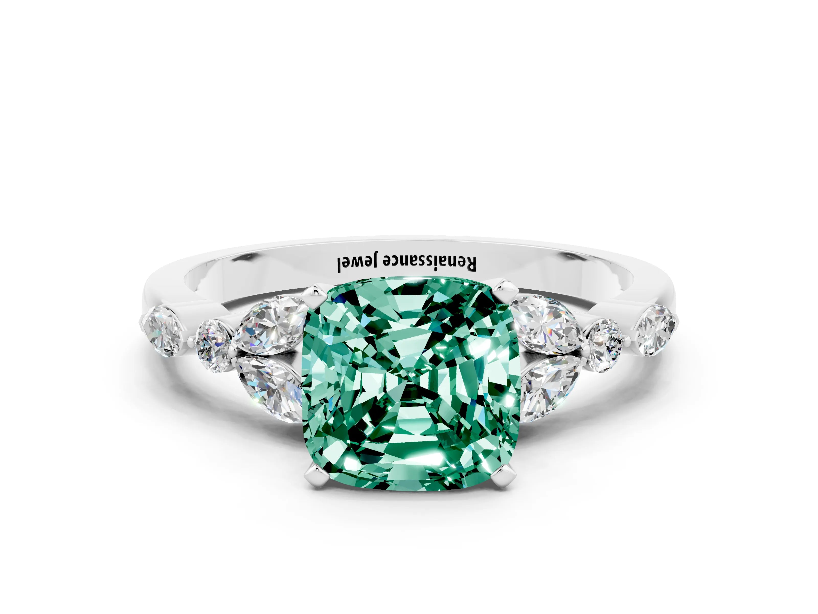 White gold Cushion Cut Green Sapphire Solitaire Ring with Side Stones and Four-Prong Setting_12