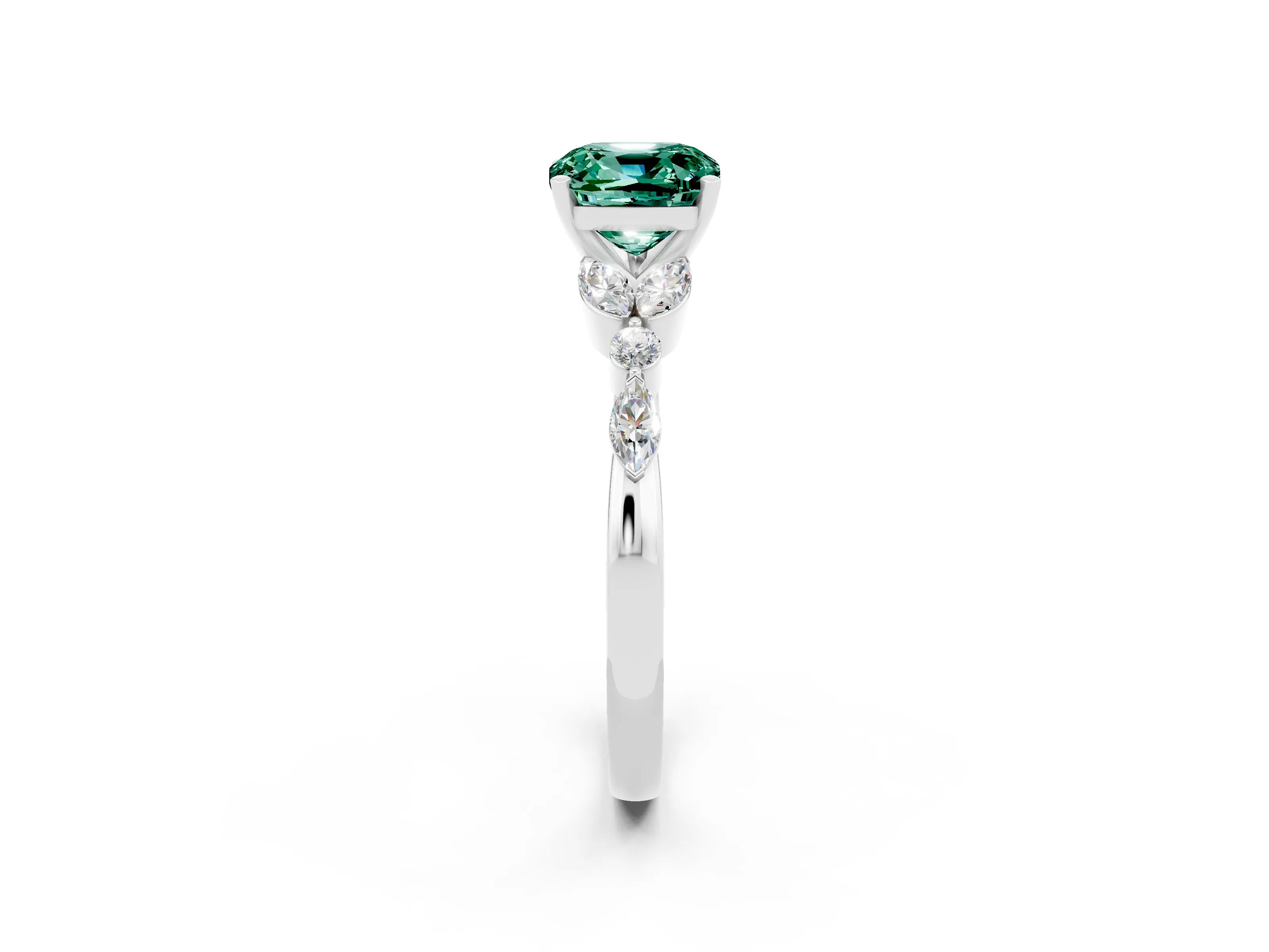 White gold Cushion Cut Green Sapphire Solitaire Ring with Side Stones and Four-Prong Setting_14