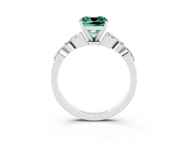 Platinum Cushion Cut Green Sapphire Solitaire Ring with Side Stones and Four-Prong Setting