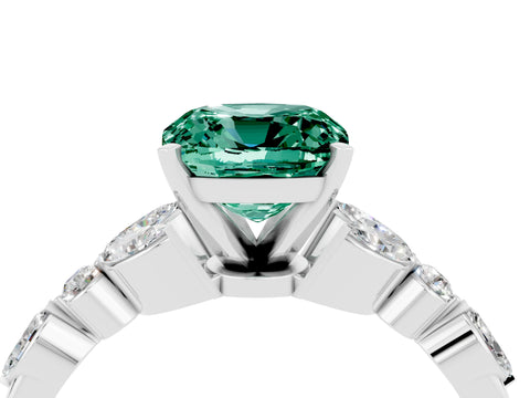 White gold Cushion Cut Green Sapphire Solitaire Ring with Side Stones and Four-Prong Setting_16