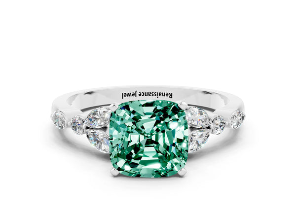 White gold Cushion Cut Green Sapphire Solitaire Ring with Side Stones and Four-Prong Setting