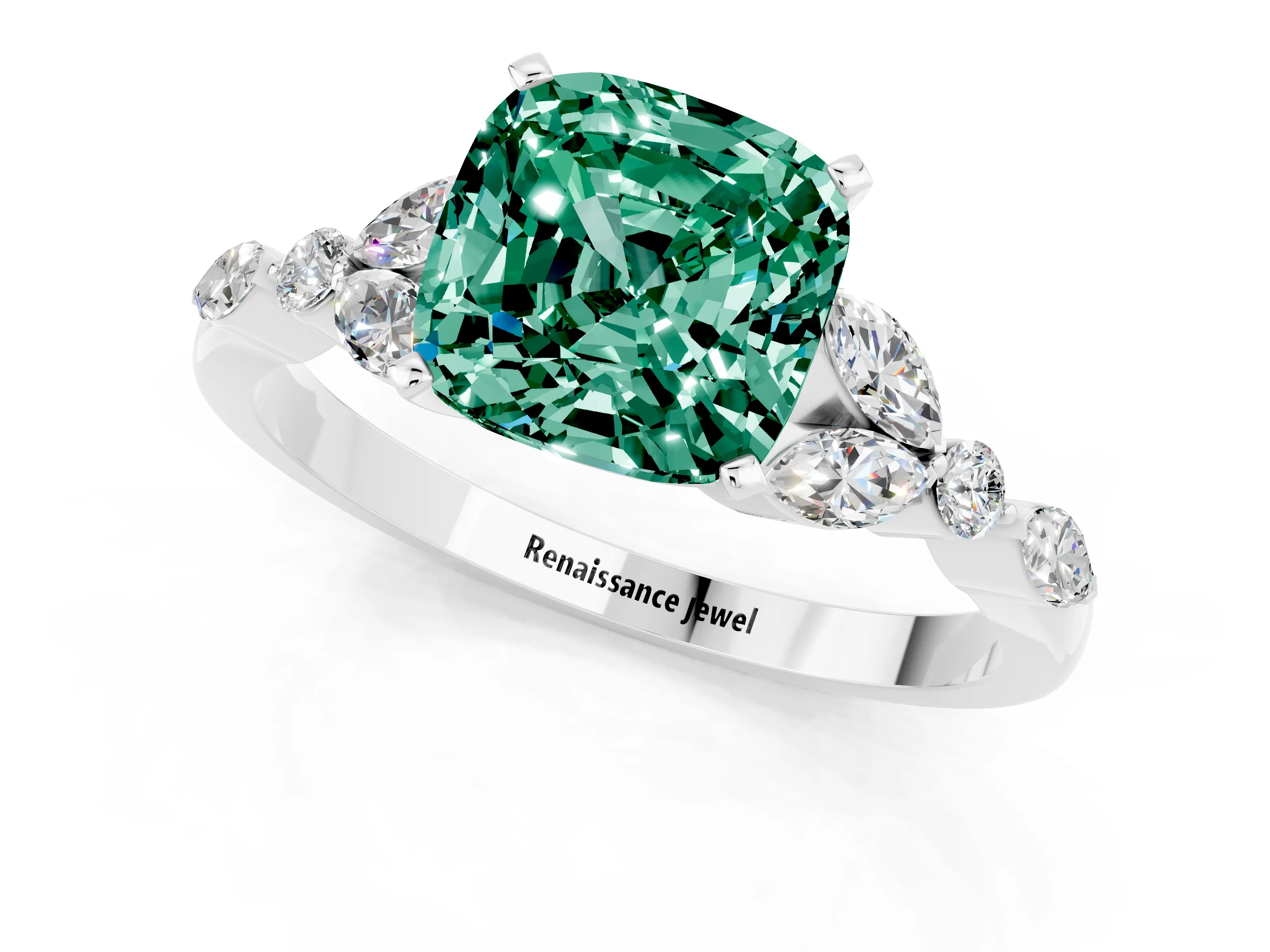 White gold Cushion Cut Green Sapphire Solitaire Ring with Side Stones and Four-Prong Setting_25