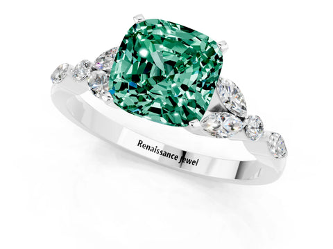 White gold Cushion Cut Green Sapphire Solitaire Ring with Side Stones and Four-Prong Setting_25
