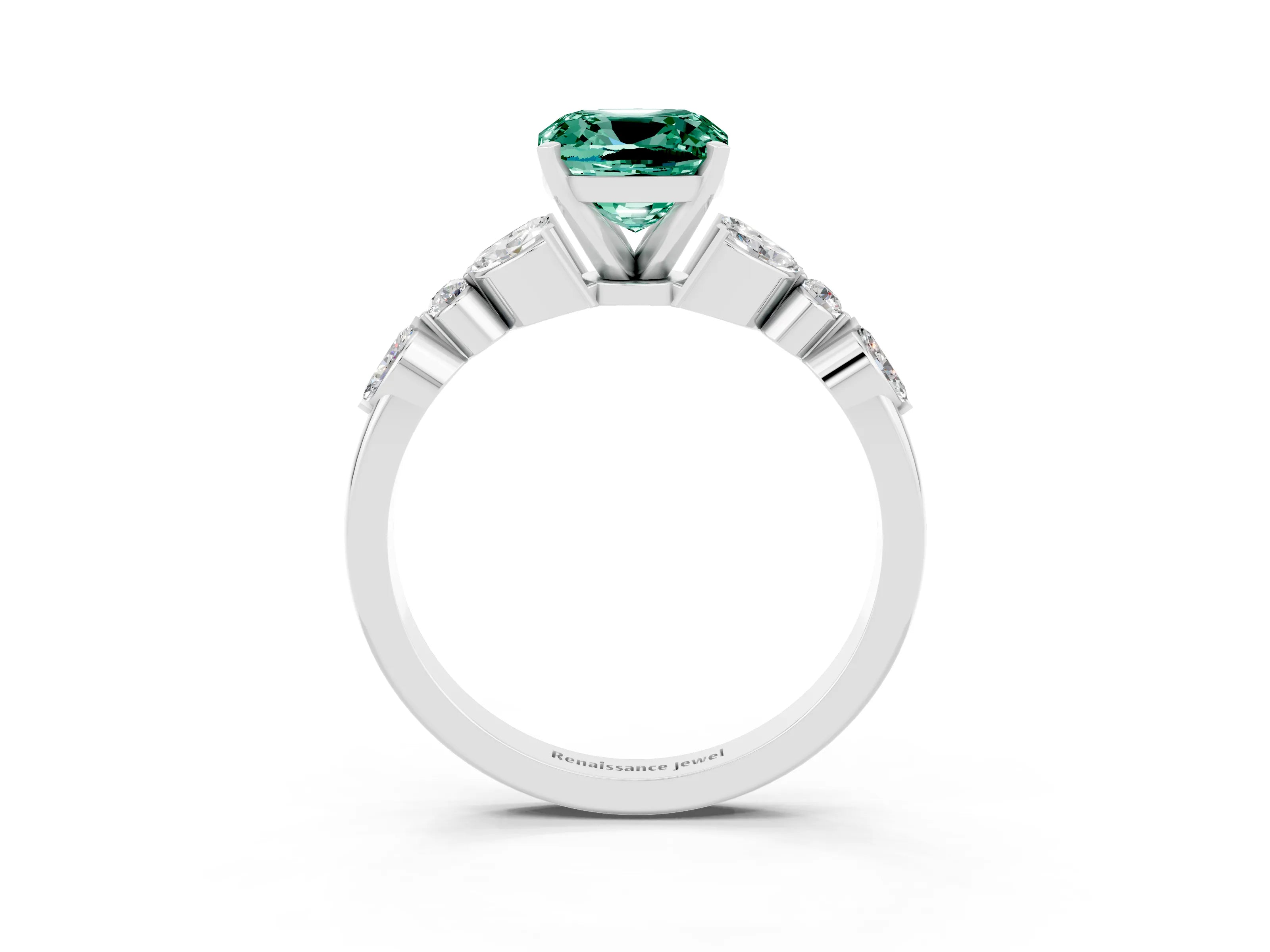 White gold Cushion Cut Green Sapphire Solitaire Ring with Side Stones and Four-Prong Setting_27