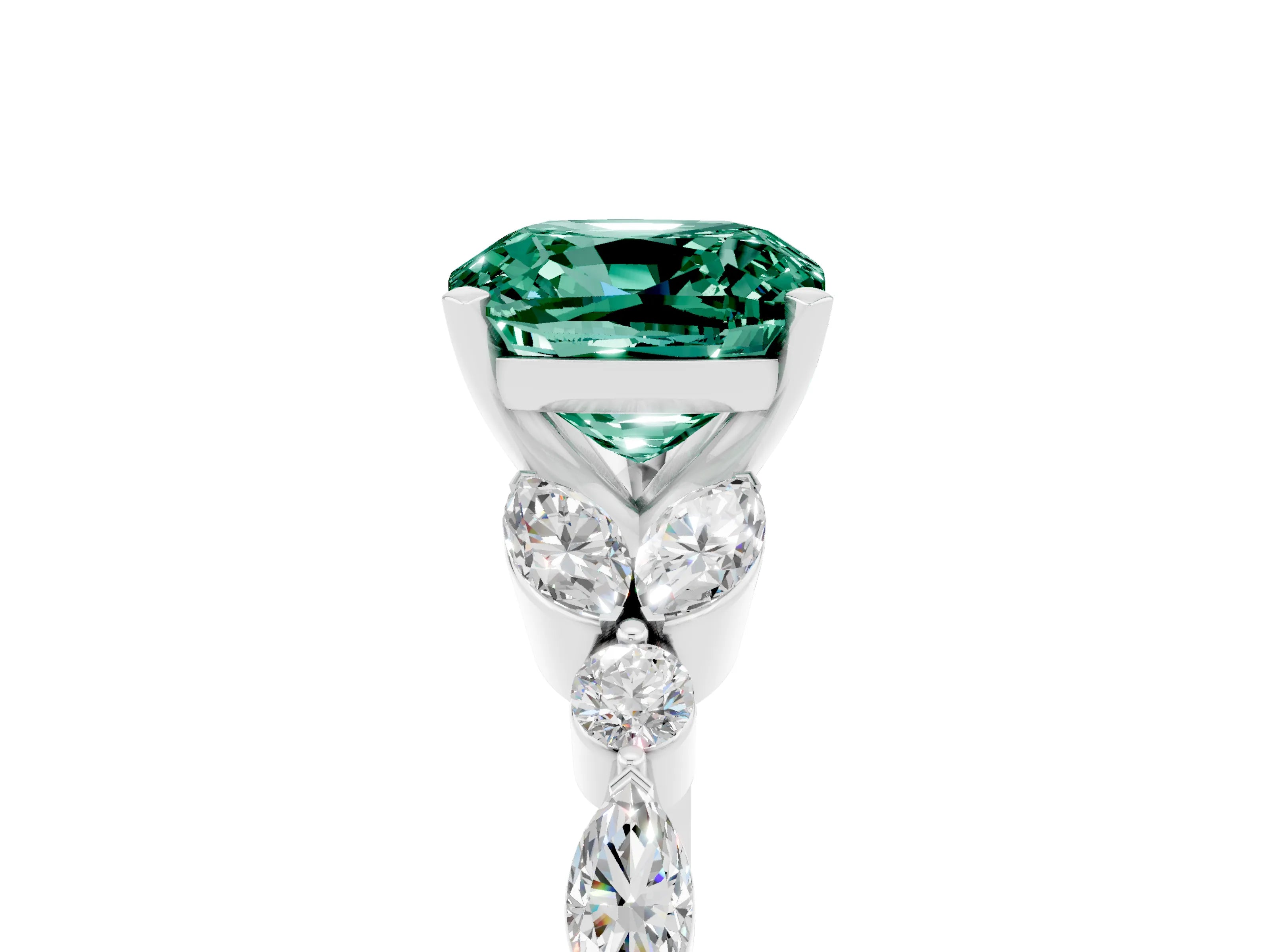 White gold Cushion Cut Green Sapphire Solitaire Ring with Side Stones and Four-Prong Setting_29