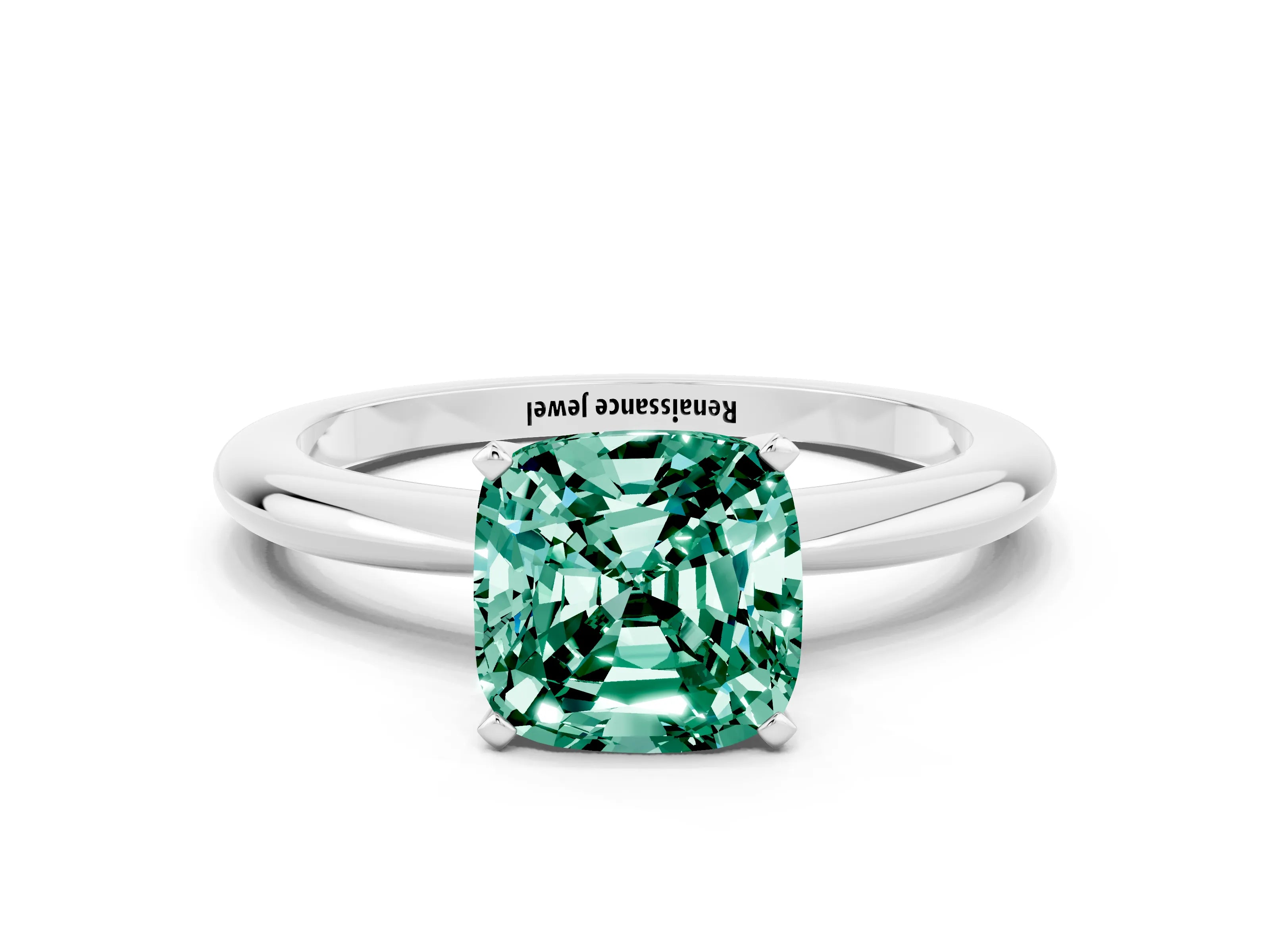 White gold Cushion Cut Green Sapphire Solitaire Ring with Six-Prong Setting and Classic Band