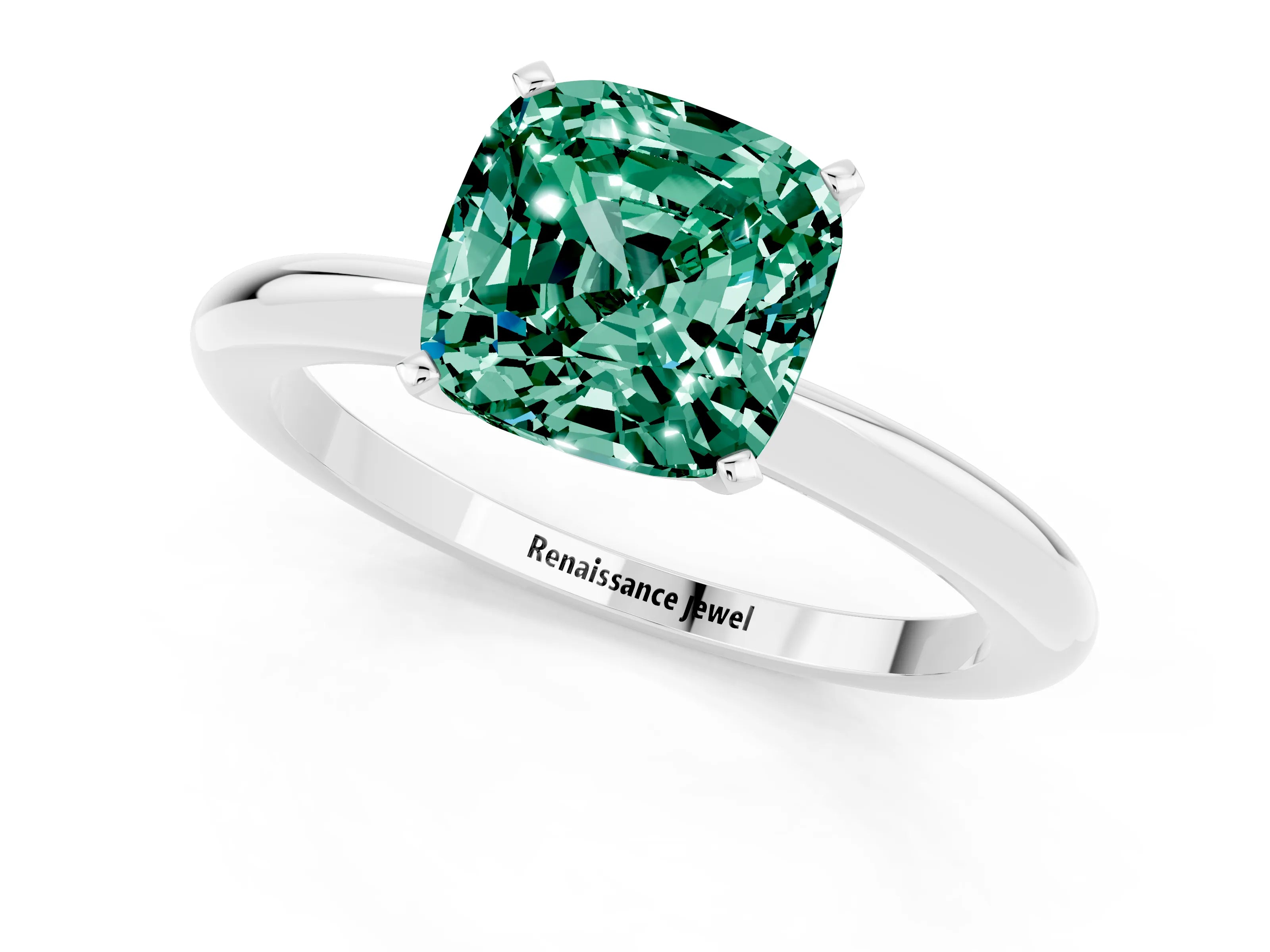 White gold Cushion Cut Green Sapphire Solitaire Ring with Six-Prong Setting and Classic Band_13